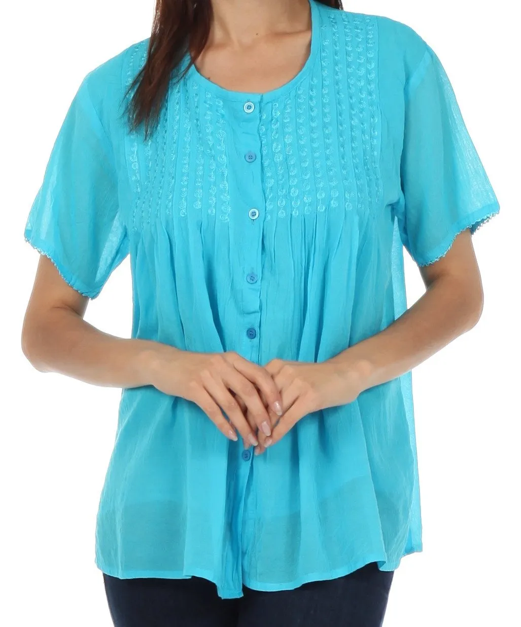 Sakkas Button Down Embroidered Short Sleeve Semi-Sheer Gauzy Cotton Top / Blouse