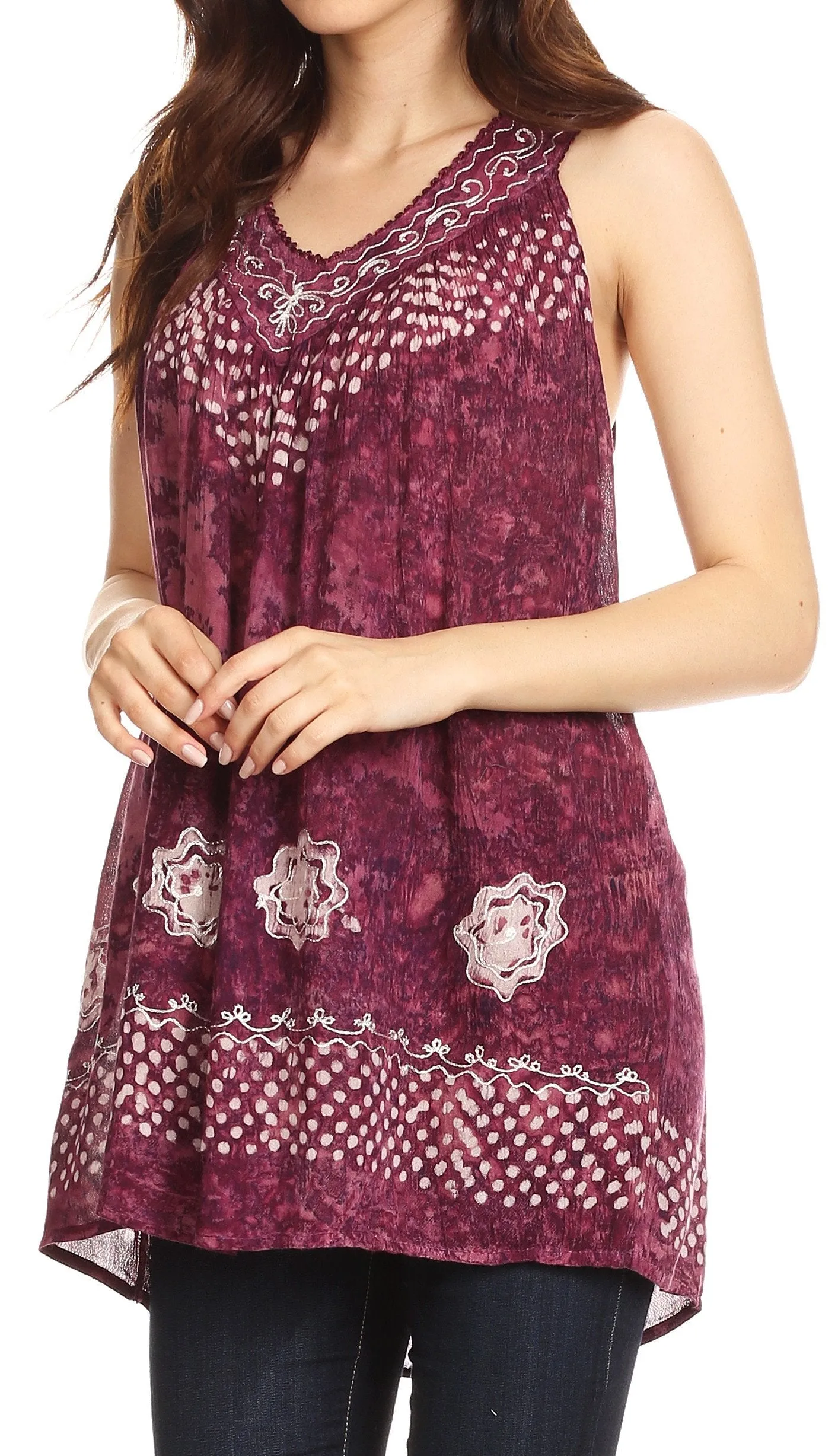 Sakkas Deja Embroidered Batik Scoop Neck Relaxed Fit Sleeveless Blouse