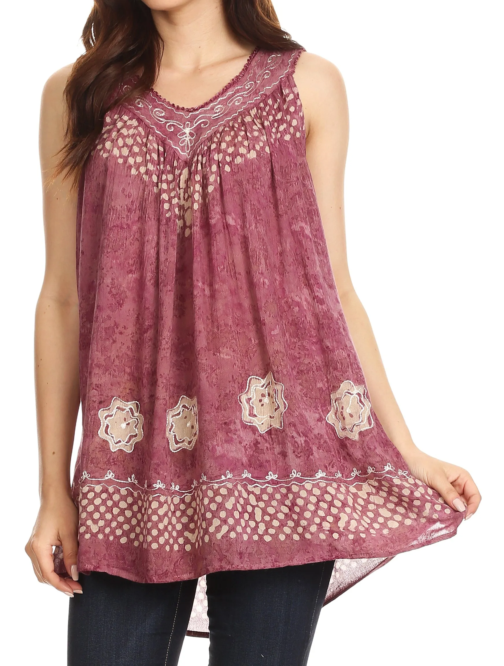 Sakkas Deja Embroidered Batik Scoop Neck Relaxed Fit Sleeveless Blouse