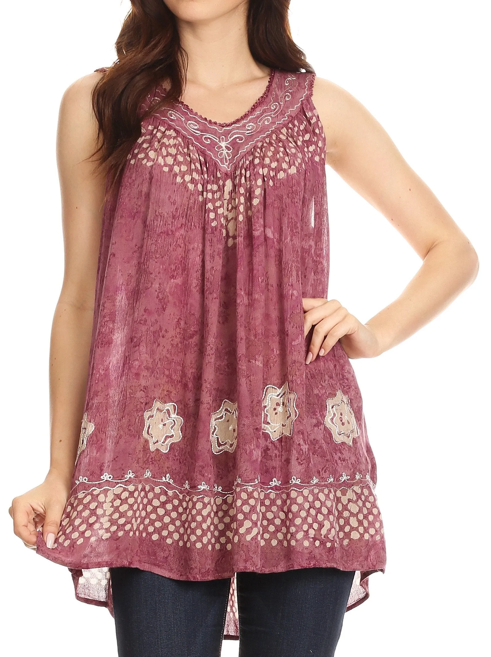 Sakkas Deja Embroidered Batik Scoop Neck Relaxed Fit Sleeveless Blouse