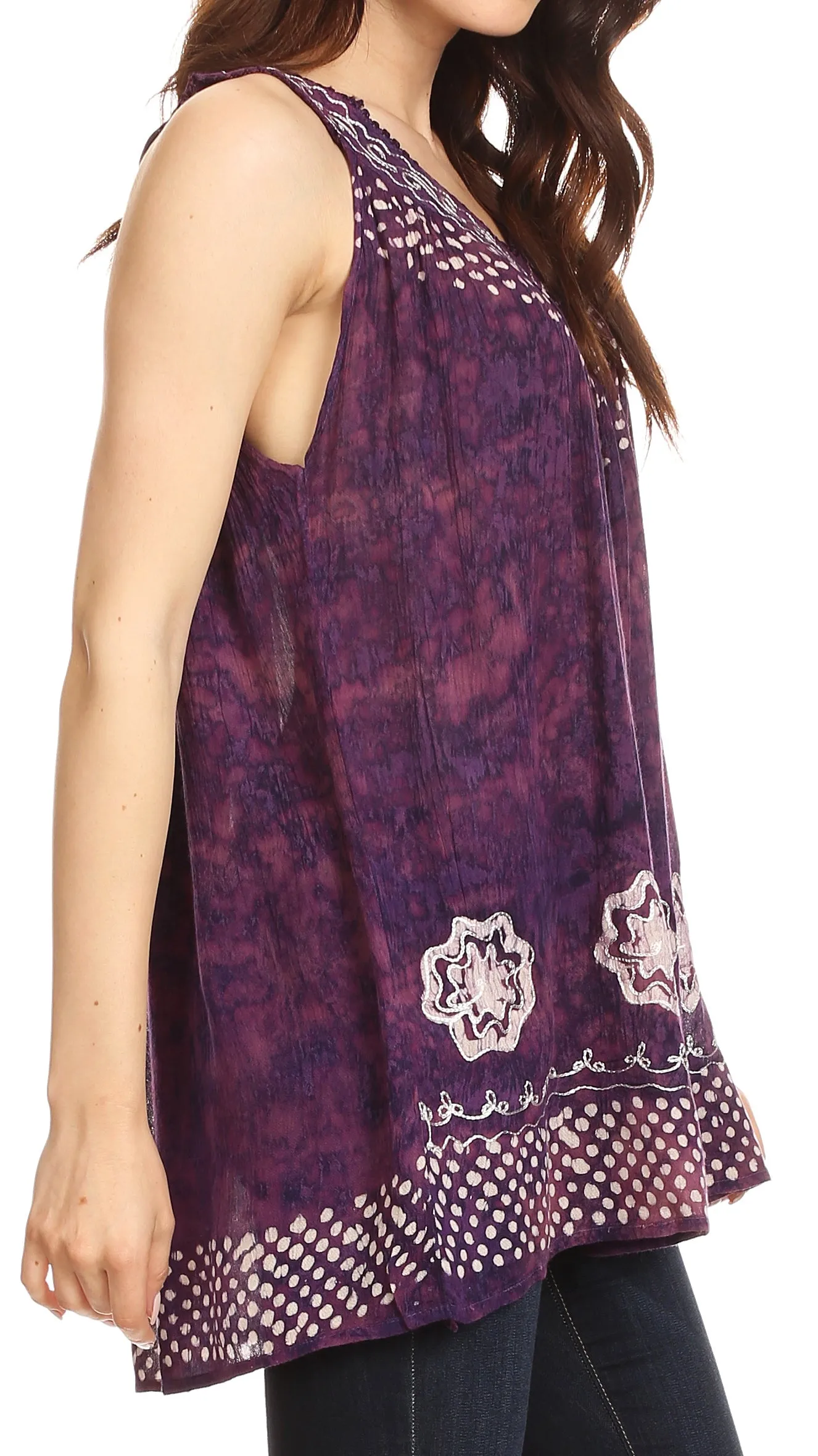 Sakkas Deja Embroidered Batik Scoop Neck Relaxed Fit Sleeveless Blouse