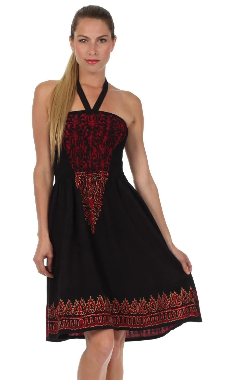 Sakkas Embroidered Batik Smocked Bodice Short Halter Tube Dress