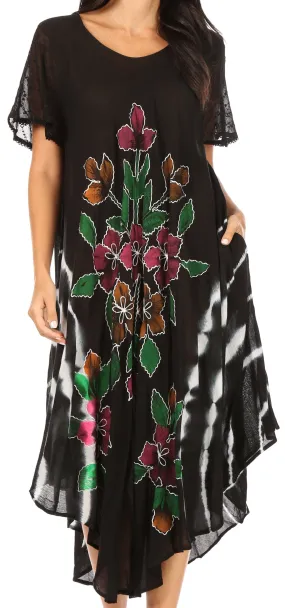 Sakkas Embroidered Painted Floral Cap Sleeve Rayon Dress