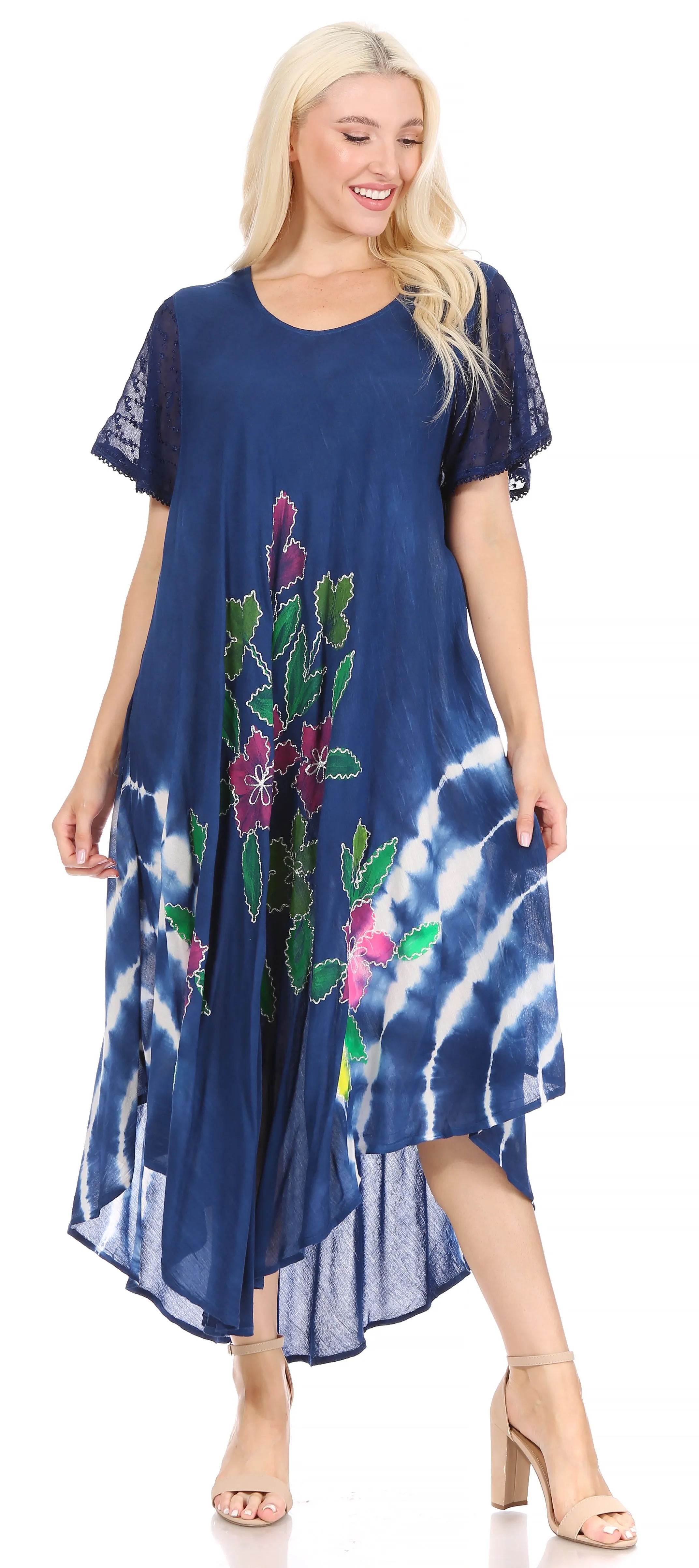 Sakkas Embroidered Painted Floral Cap Sleeve Rayon Dress