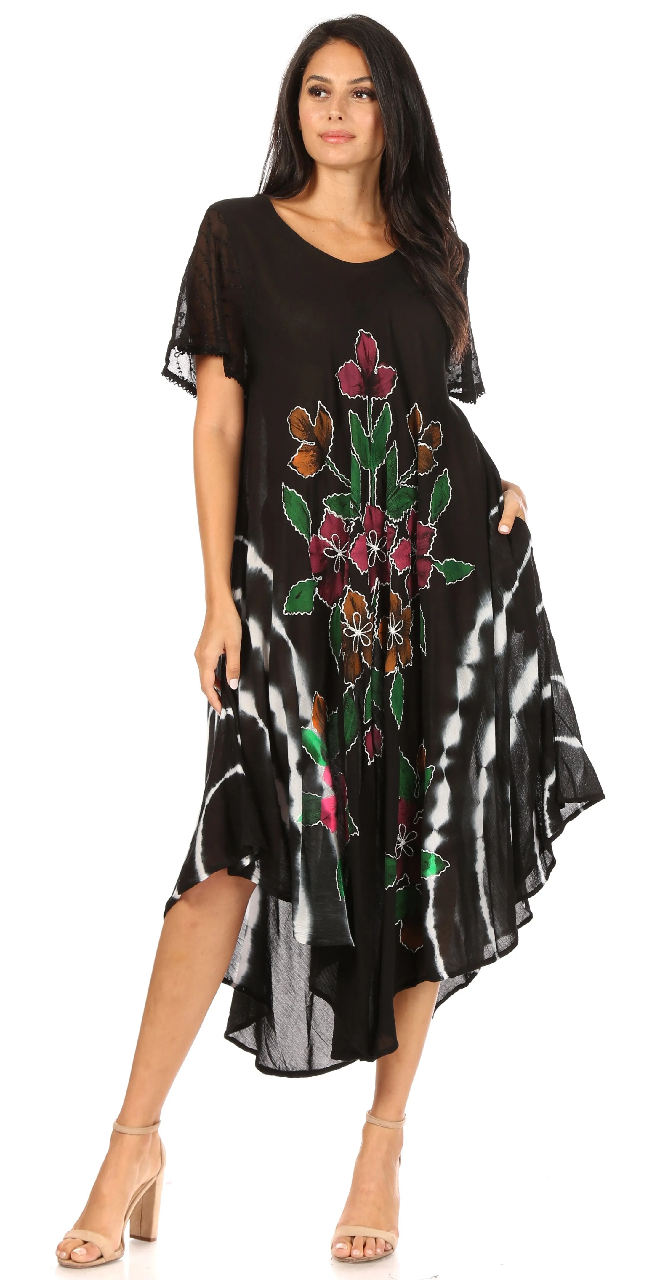 Sakkas Embroidered Painted Floral Cap Sleeve Rayon Dress