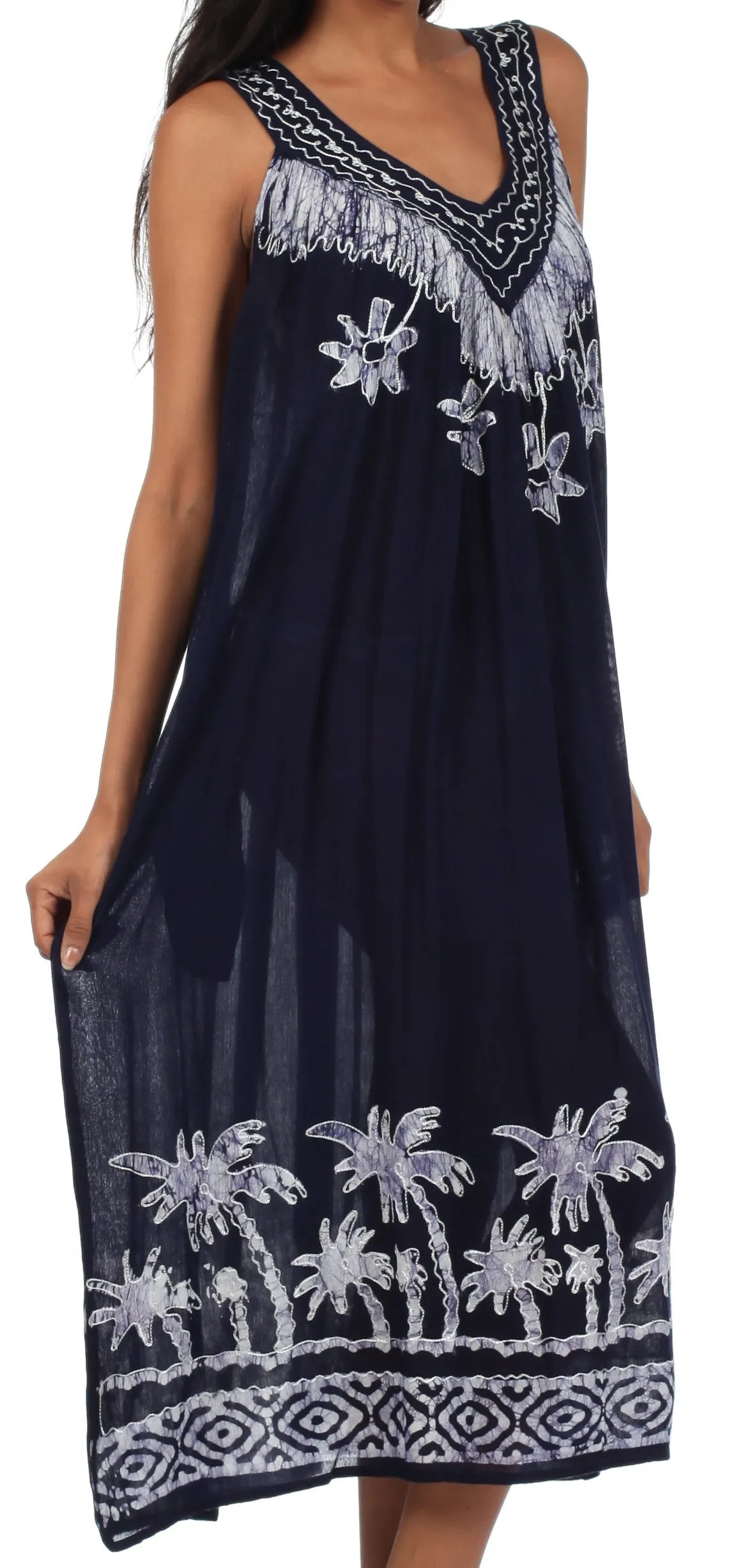 Sakkas Embroidered Palm Tree V-Neck Caftan Cotton Dress