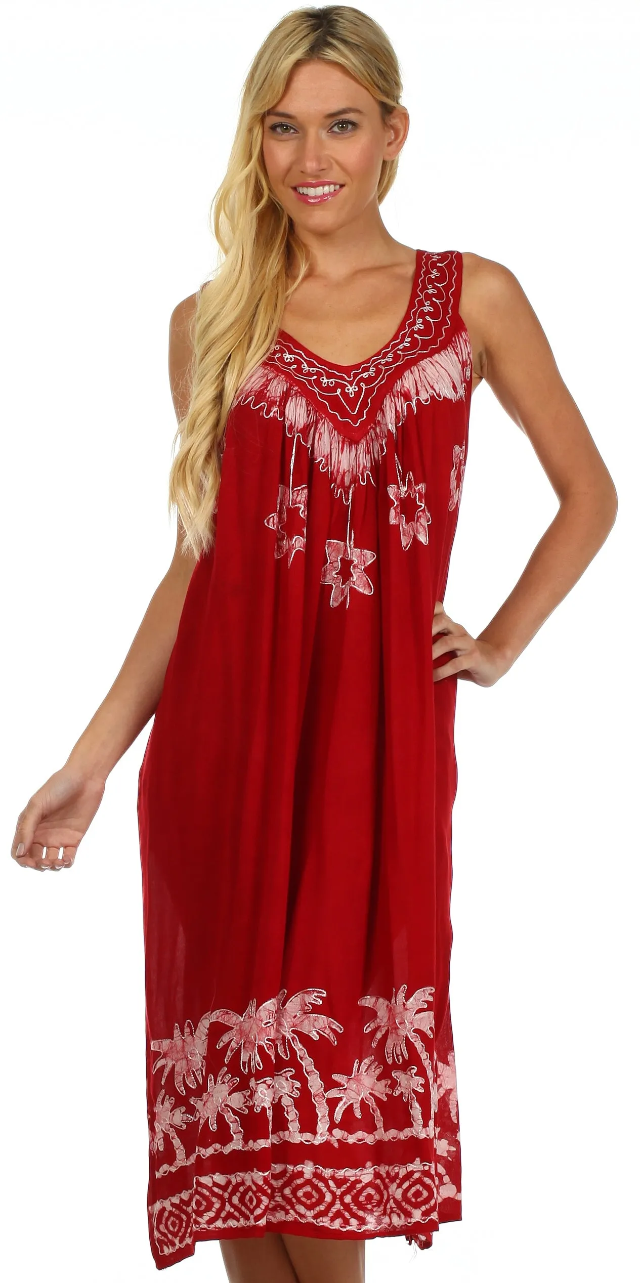 Sakkas Embroidered Palm Tree V-Neck Caftan Cotton Dress