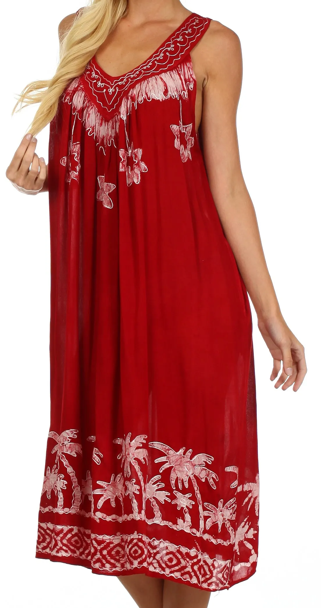 Sakkas Embroidered Palm Tree V-Neck Caftan Cotton Dress