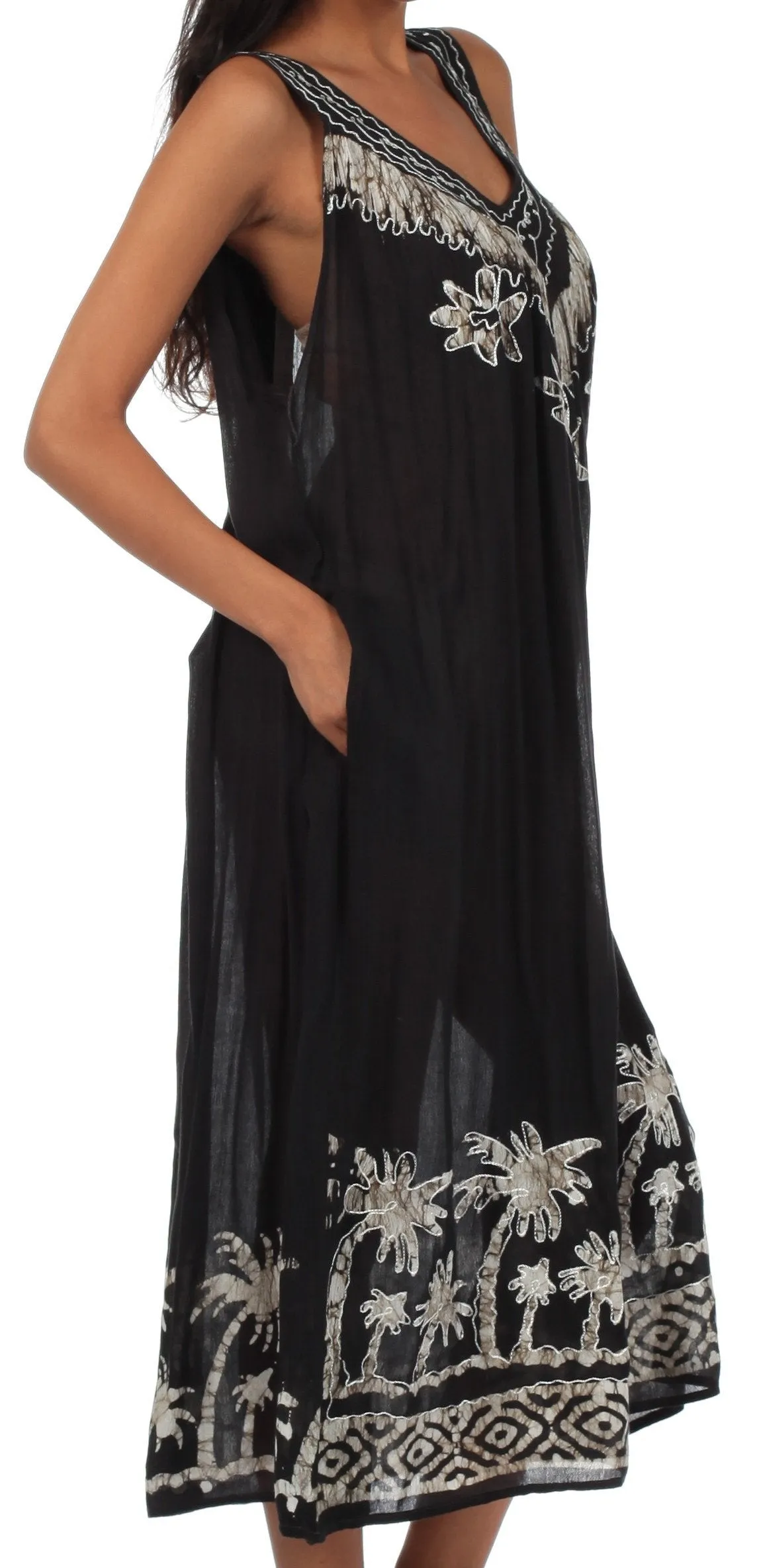 Sakkas Embroidered Palm Tree V-Neck Caftan Cotton Dress