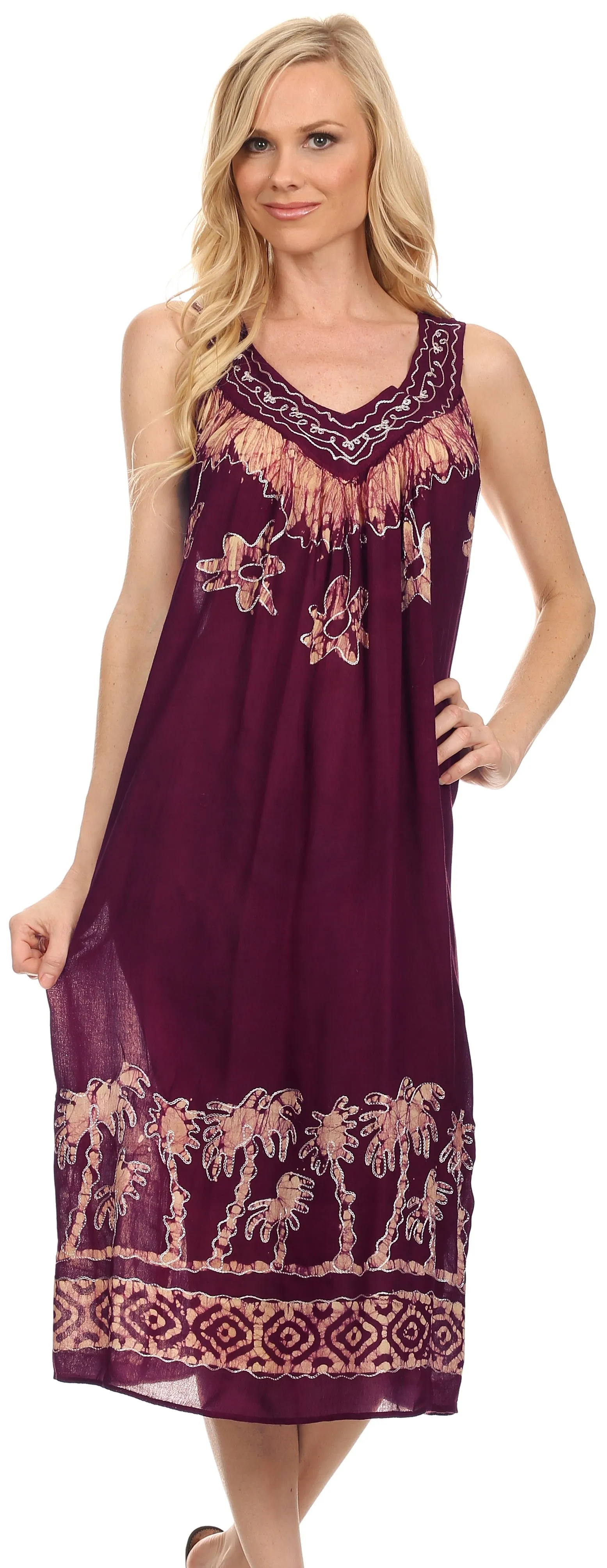 Sakkas Embroidered Palm Tree V-Neck Caftan Cotton Dress