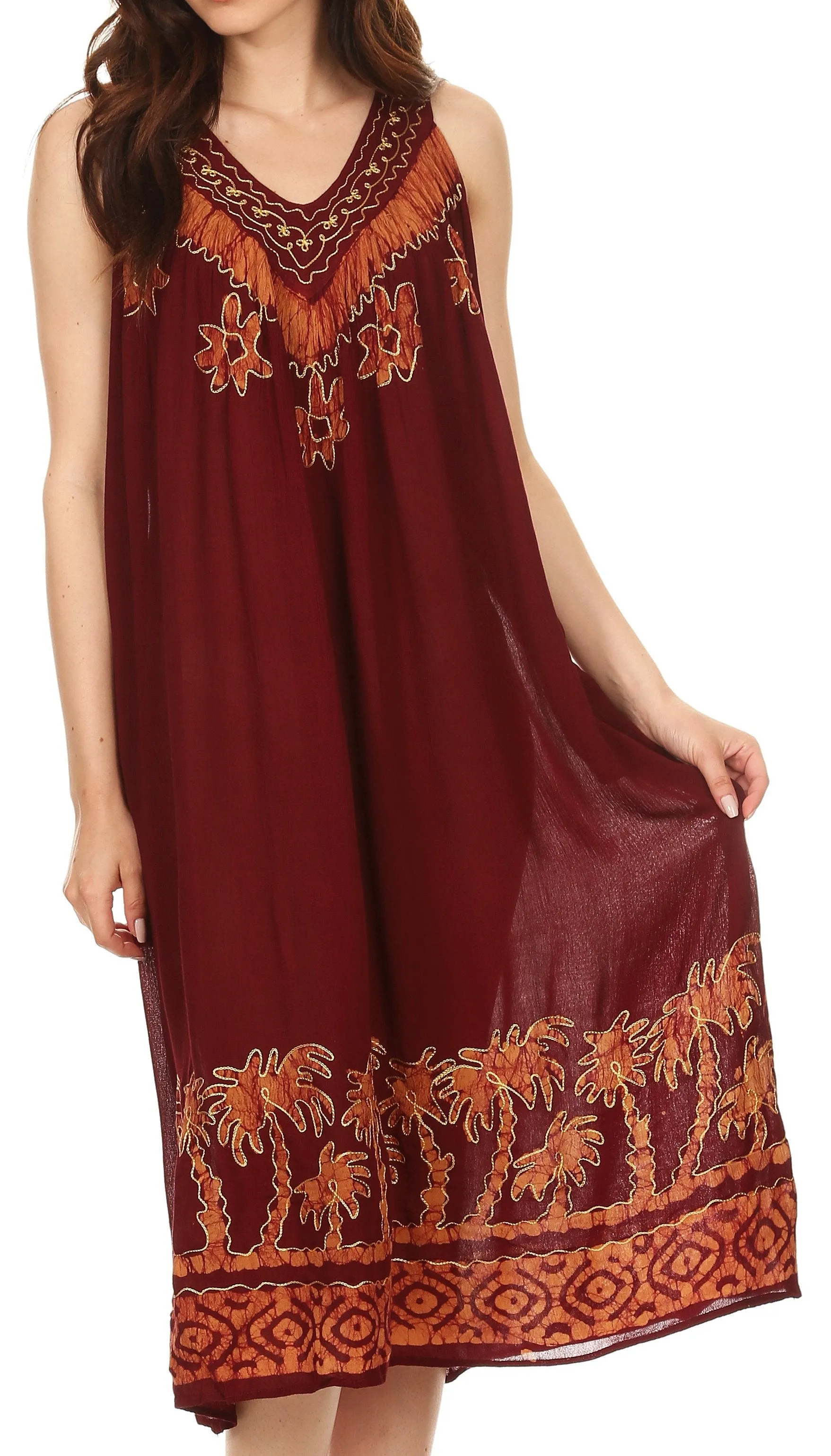 Sakkas Embroidered Palm Tree V-Neck Caftan Cotton Dress