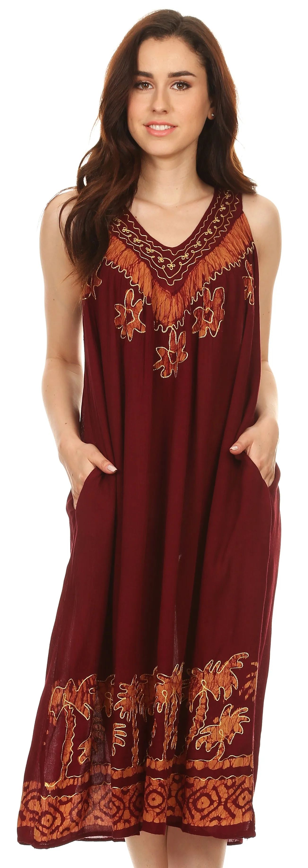 Sakkas Embroidered Palm Tree V-Neck Caftan Cotton Dress