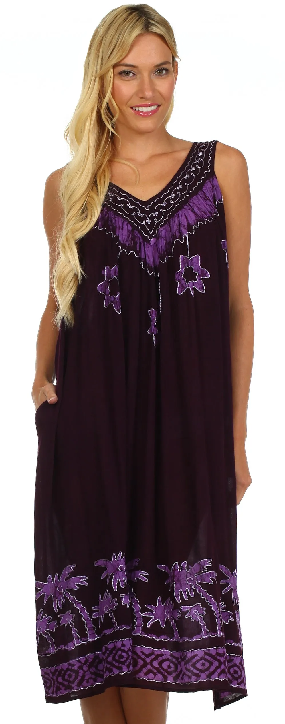 Sakkas Embroidered Palm Tree V-Neck Caftan Cotton Dress