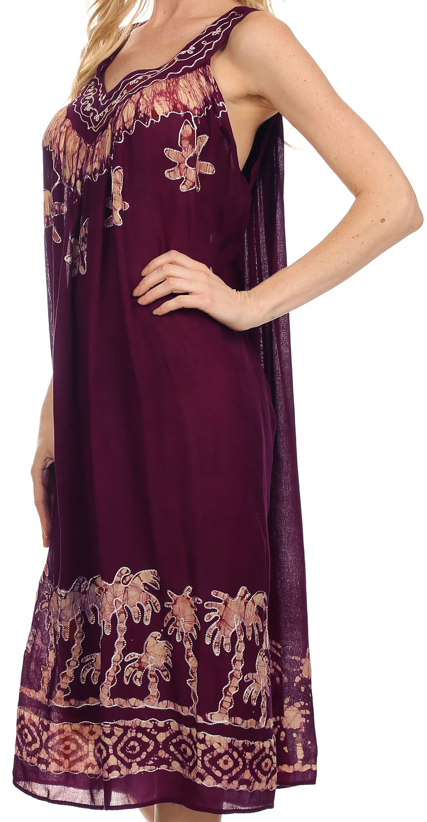 Sakkas Embroidered Palm Tree V-Neck Caftan Cotton Dress