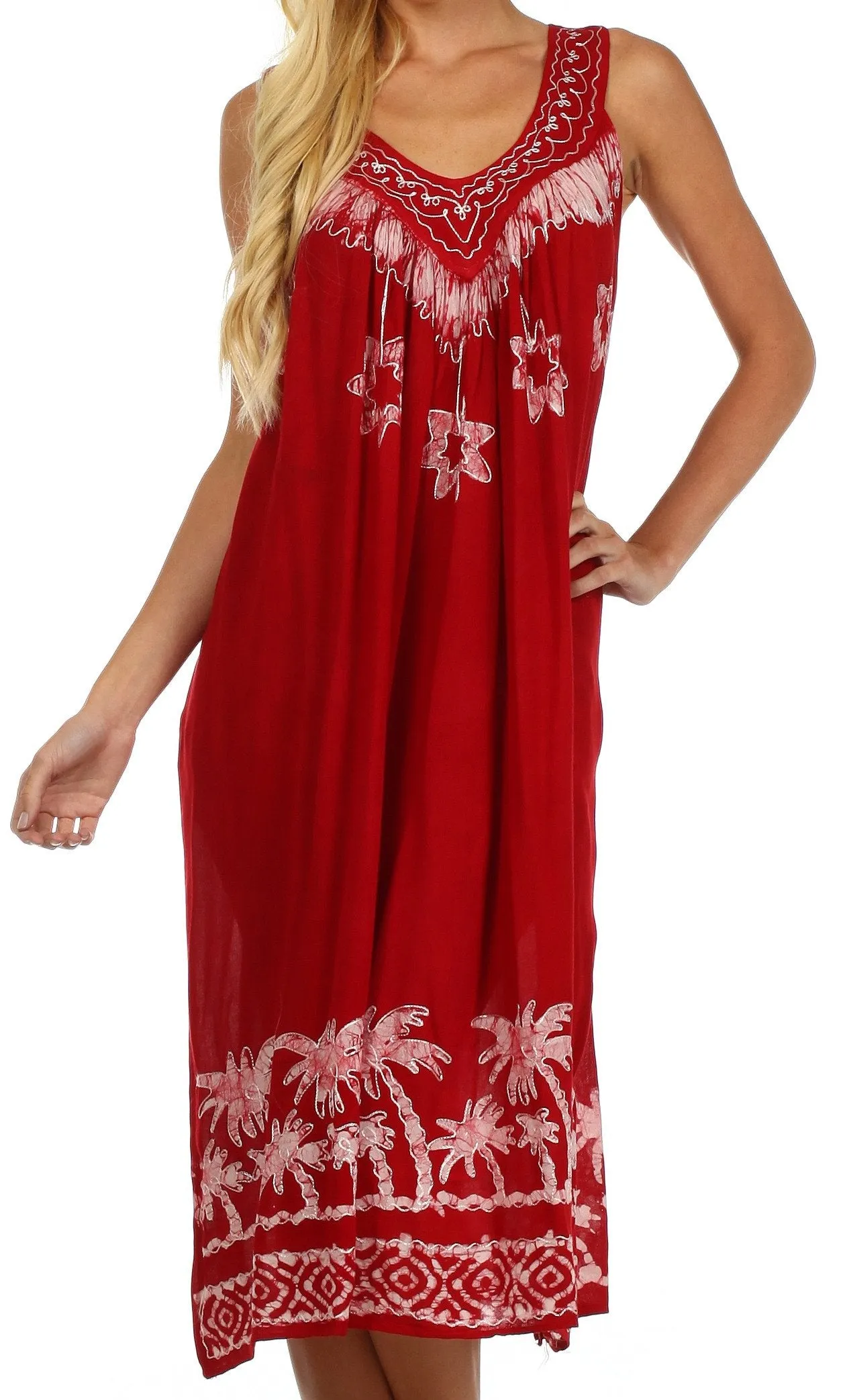 Sakkas Embroidered Palm Tree V-Neck Caftan Cotton Dress