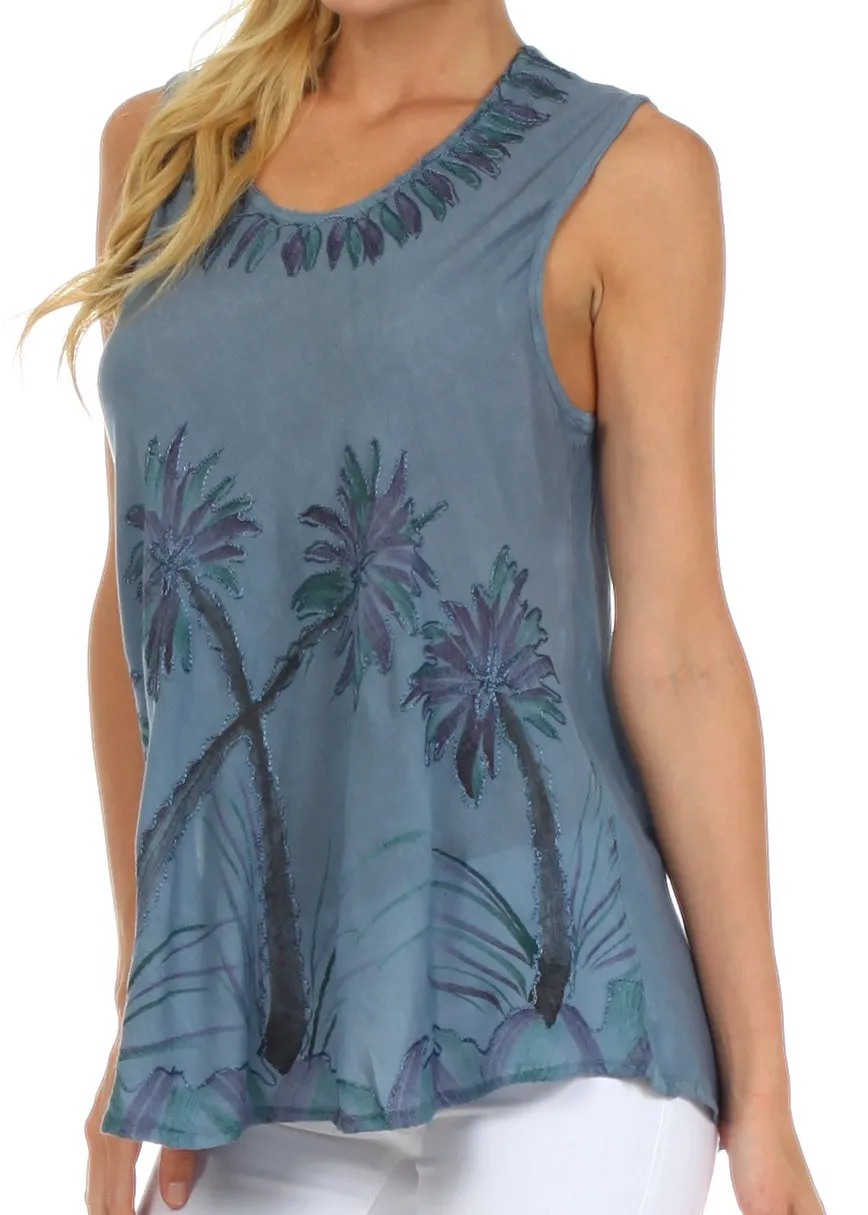 Sakkas Embroidered Watercolor Palm Tree Flared Hem Blouse