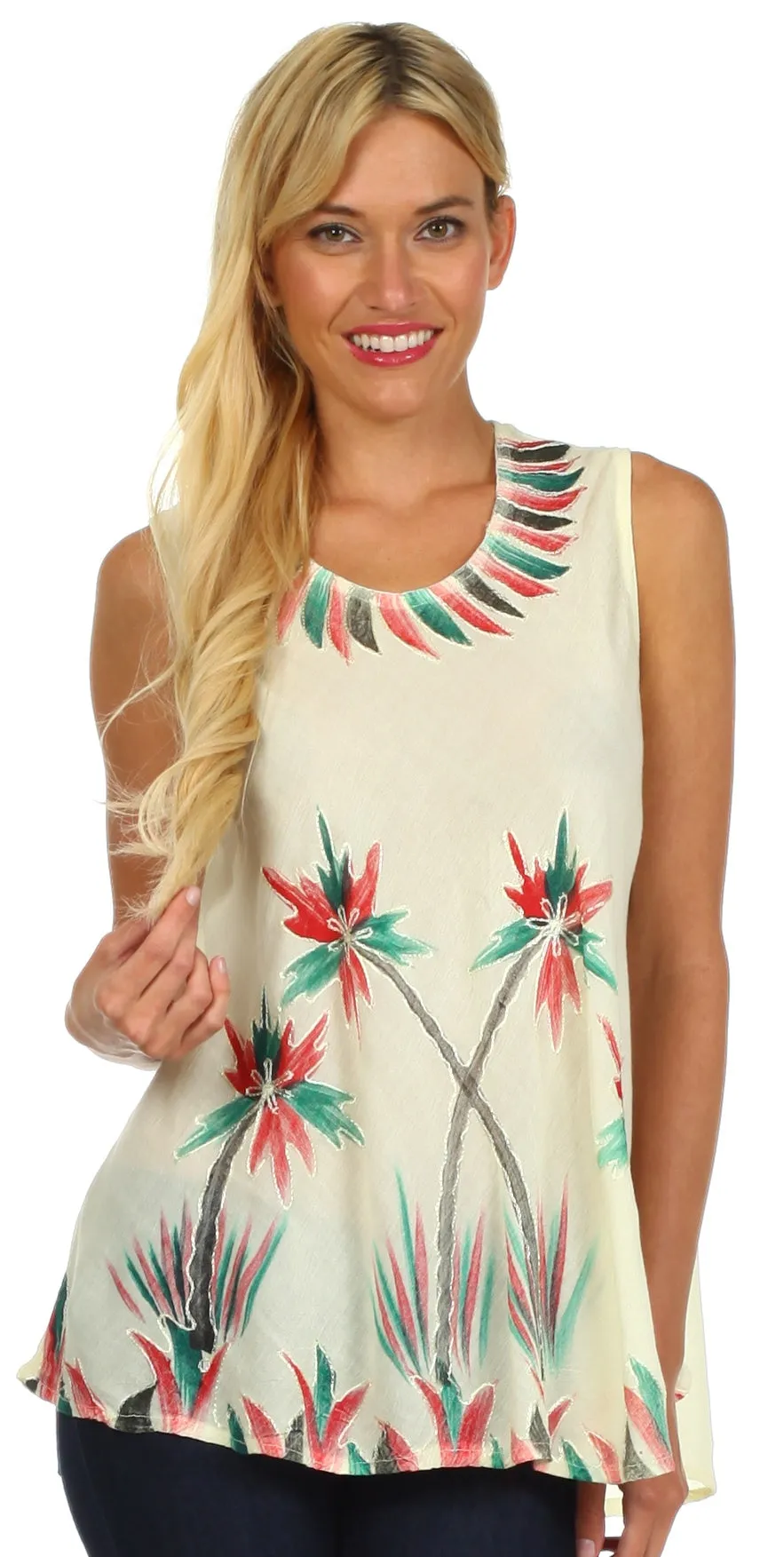 Sakkas Embroidered Watercolor Palm Tree Flared Hem Blouse