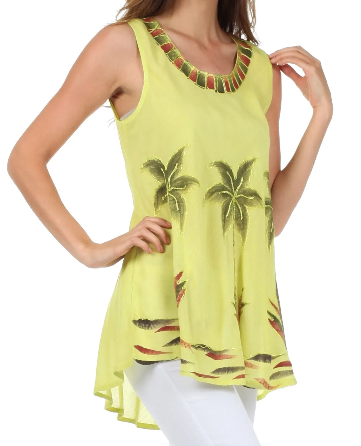 Sakkas Embroidered Watercolor Palm Tree Flared Hem Blouse