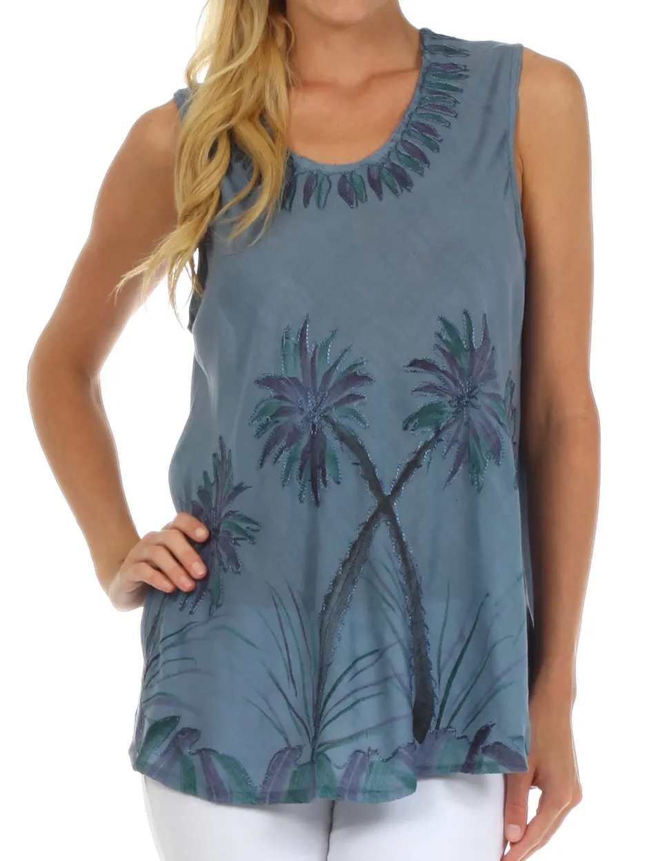 Sakkas Embroidered Watercolor Palm Tree Flared Hem Blouse