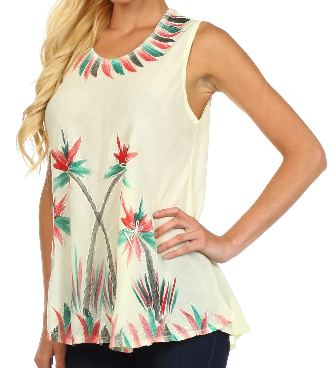 Sakkas Embroidered Watercolor Palm Tree Flared Hem Blouse