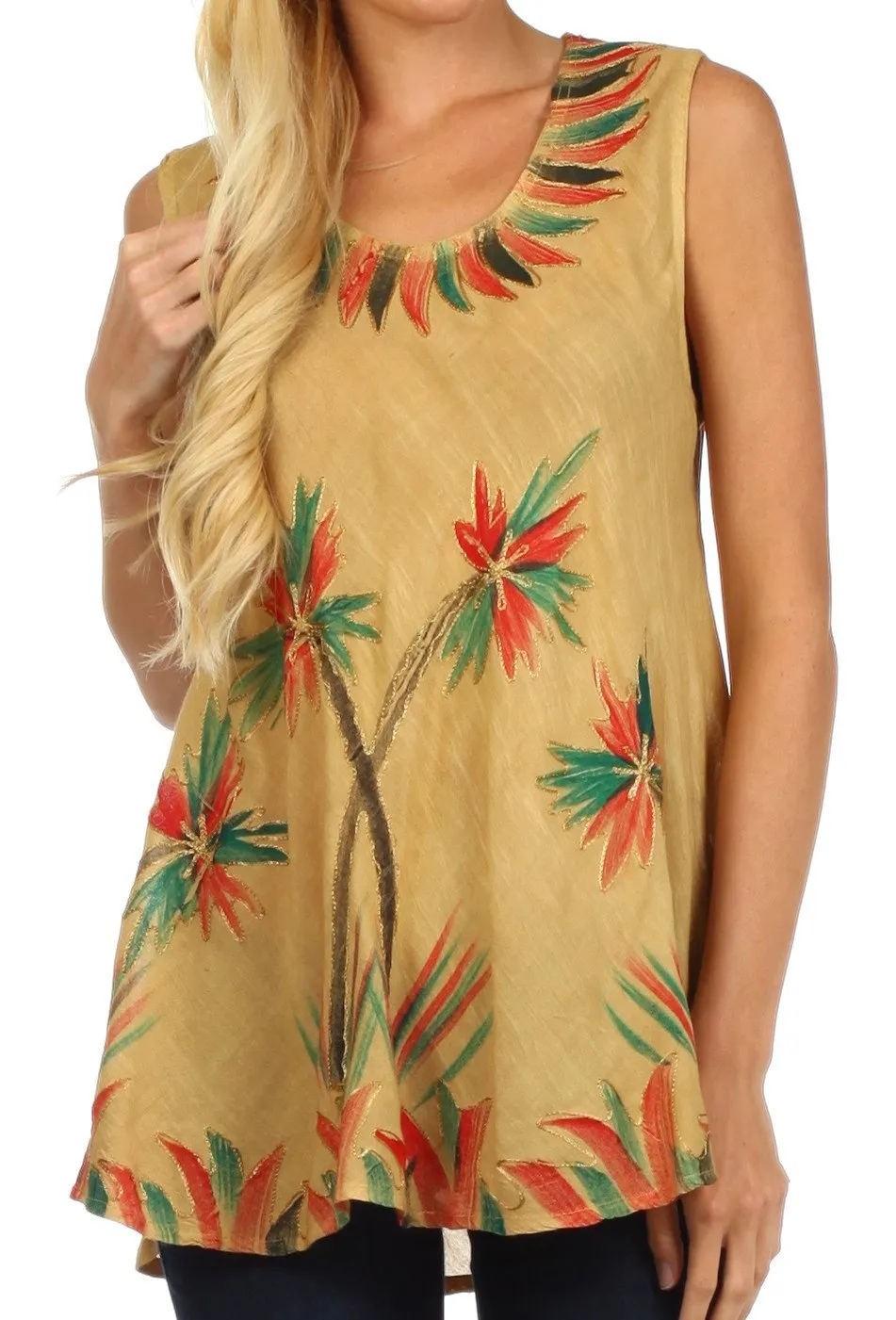 Sakkas Embroidered Watercolor Palm Tree Flared Hem Blouse