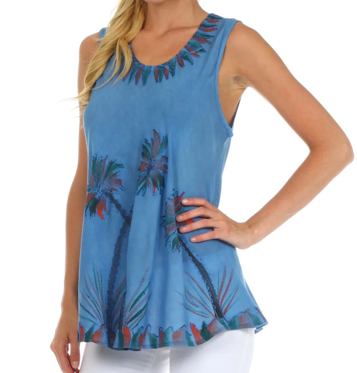 Sakkas Embroidered Watercolor Palm Tree Flared Hem Blouse