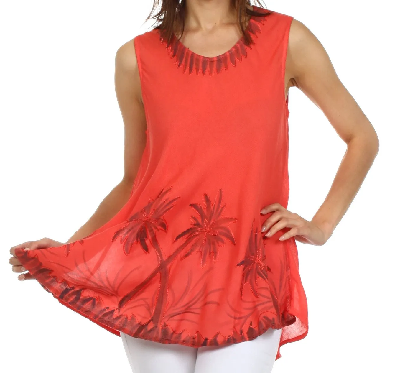 Sakkas Embroidered Watercolor Palm Tree Flared Hem Blouse