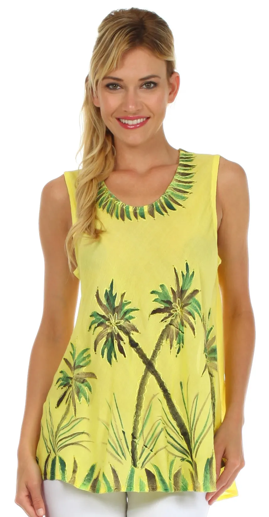 Sakkas Embroidered Watercolor Palm Tree Flared Hem Blouse