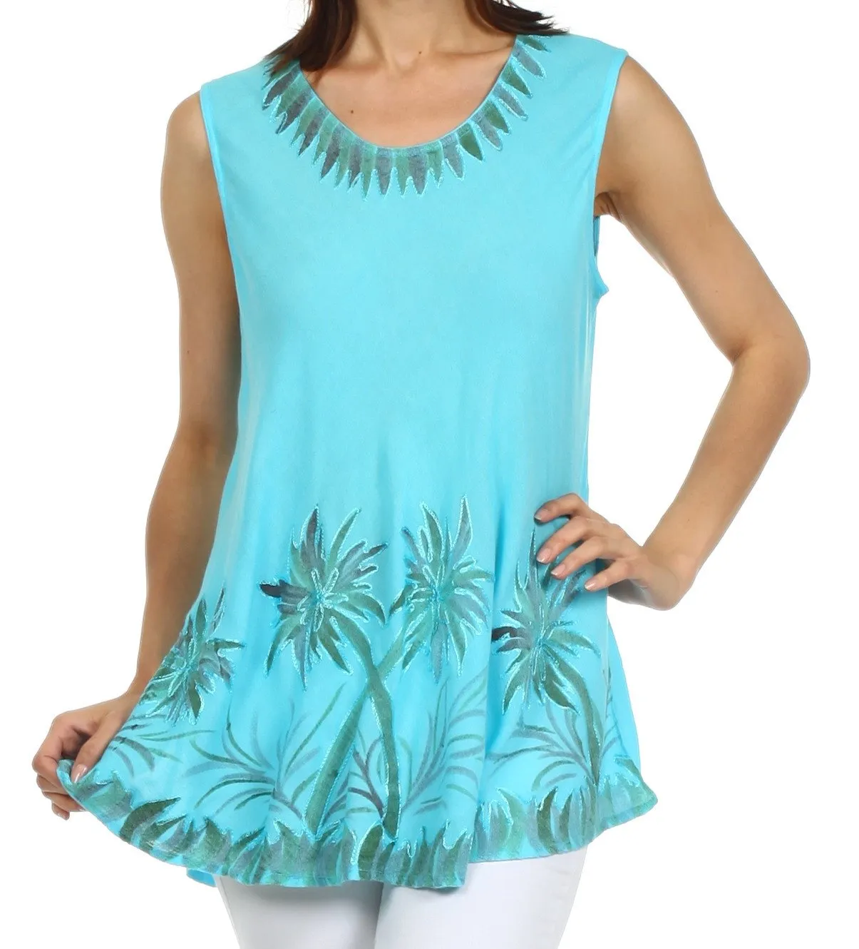 Sakkas Embroidered Watercolor Palm Tree Flared Hem Blouse