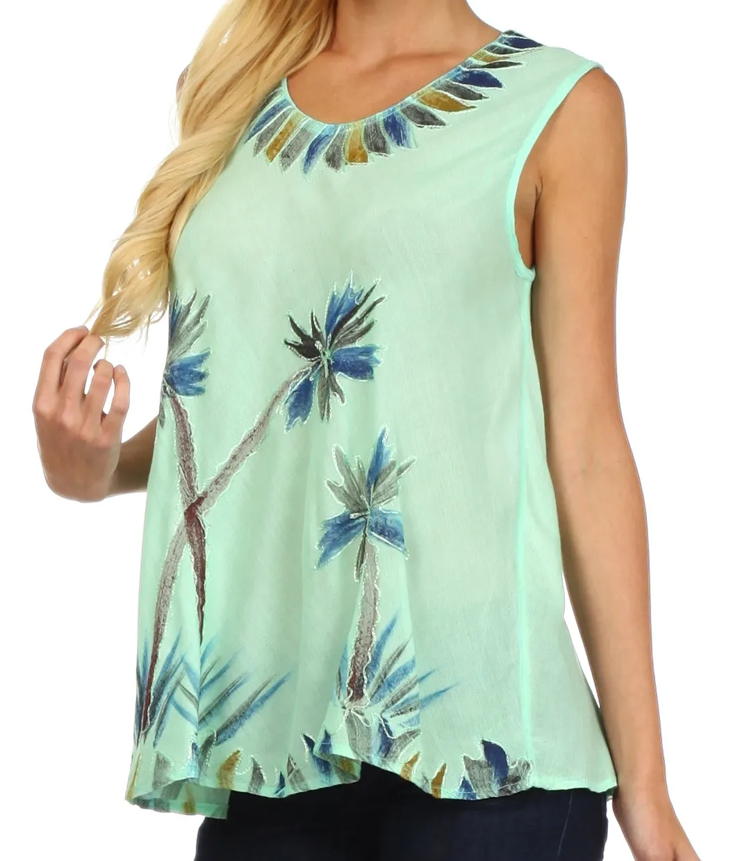 Sakkas Embroidered Watercolor Palm Tree Flared Hem Blouse