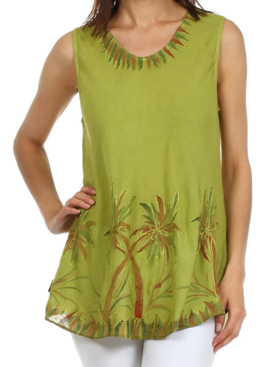 Sakkas Embroidered Watercolor Palm Tree Flared Hem Blouse