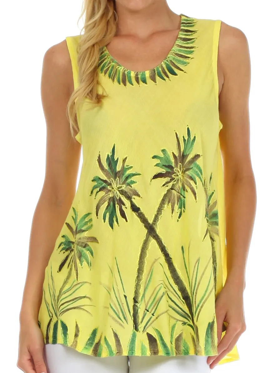 Sakkas Embroidered Watercolor Palm Tree Flared Hem Blouse