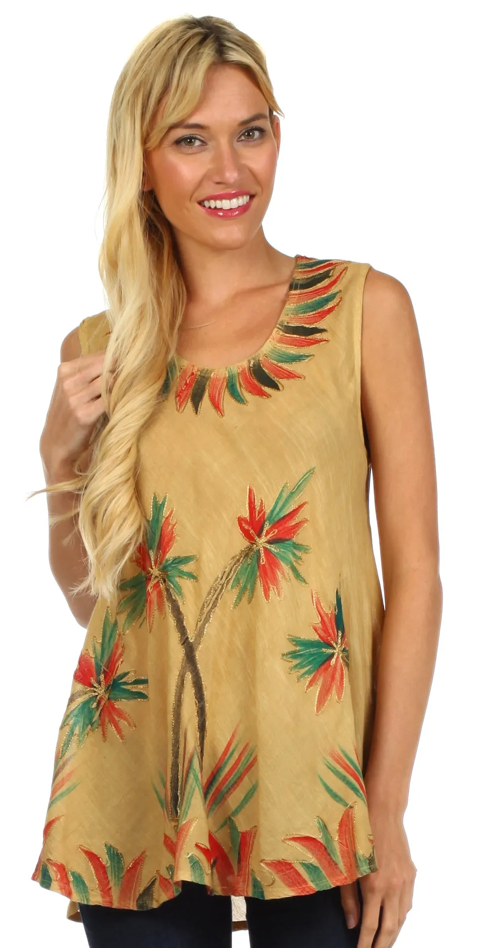 Sakkas Embroidered Watercolor Palm Tree Flared Hem Blouse