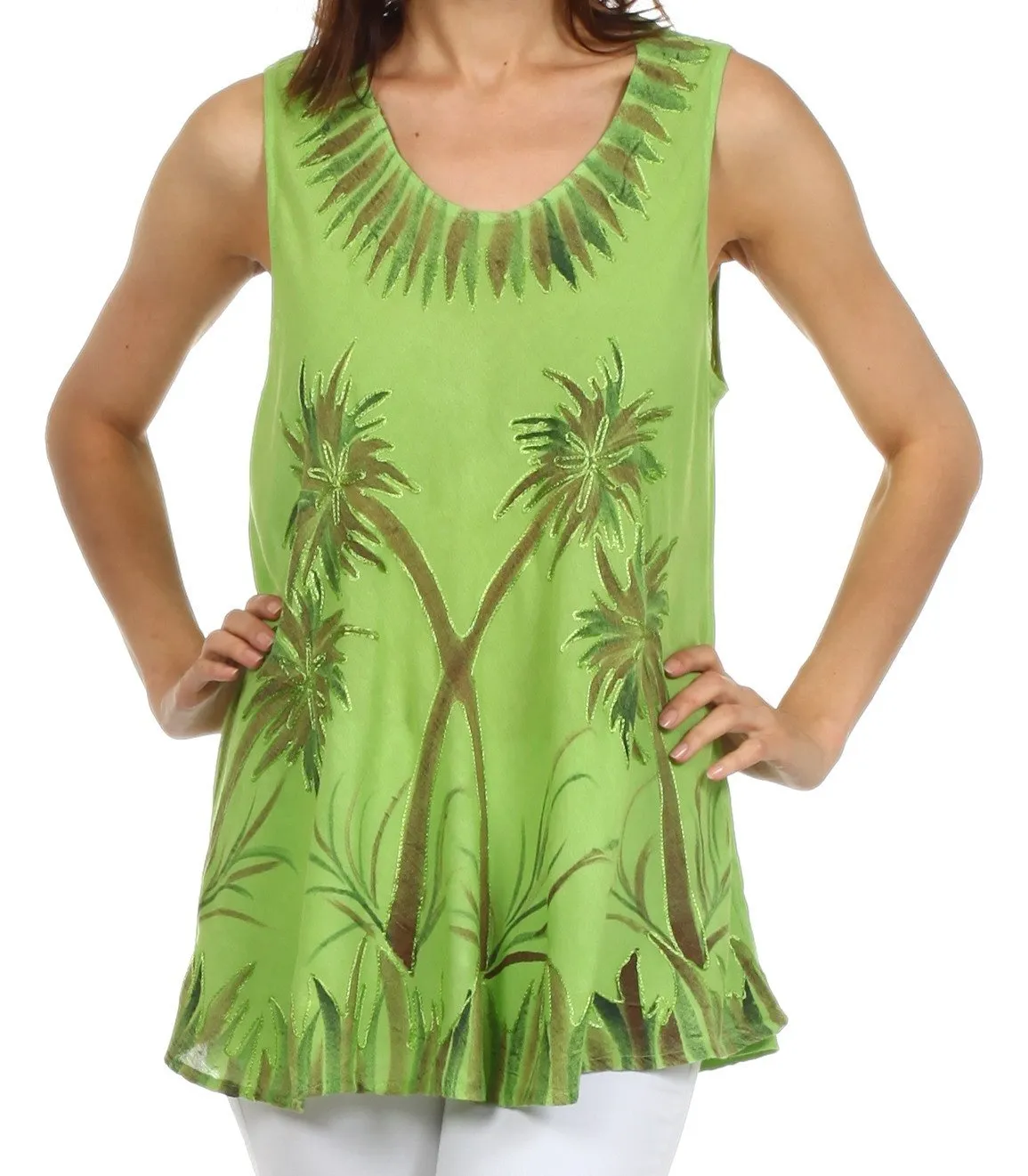 Sakkas Embroidered Watercolor Palm Tree Flared Hem Blouse