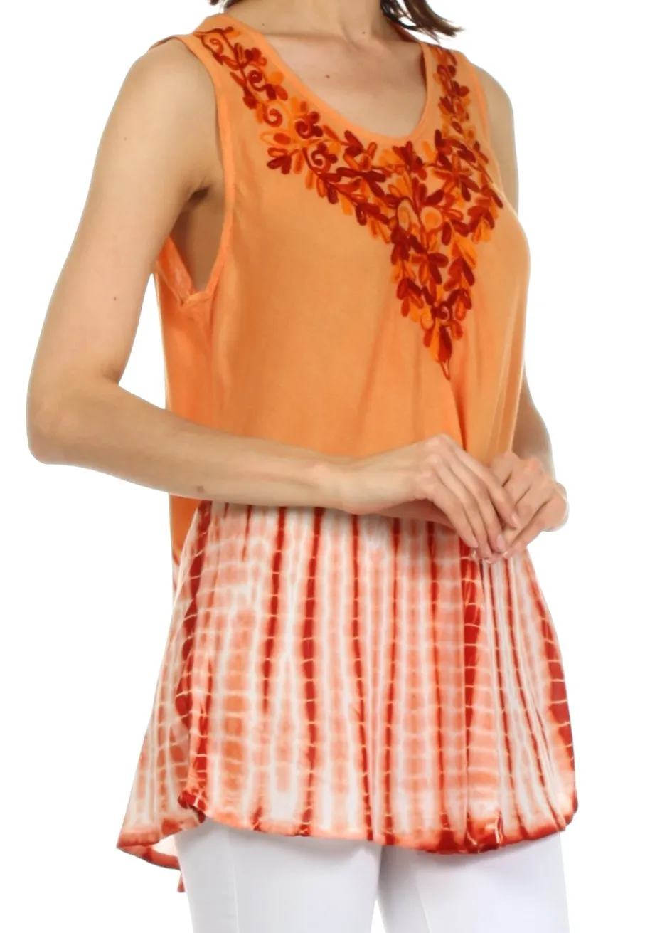 Sakkas Floral Yarn Embroidered Tie Dye Sleeveless Blouse