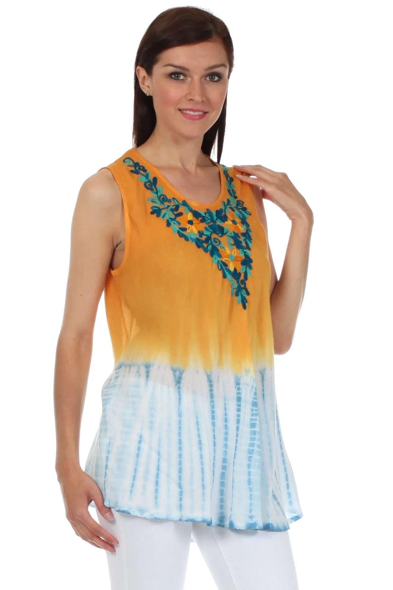 Sakkas Floral Yarn Embroidered Tie Dye Sleeveless Blouse