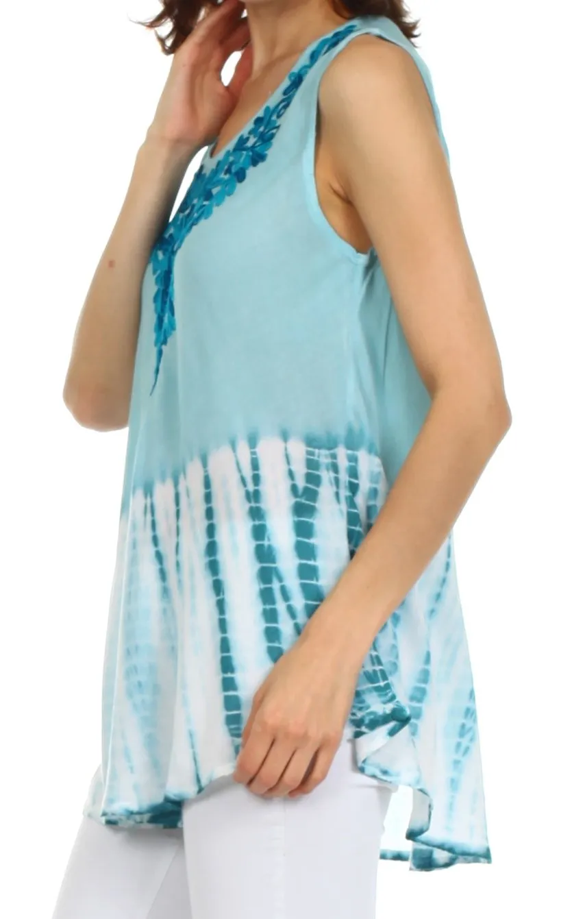 Sakkas Floral Yarn Embroidered Tie Dye Sleeveless Blouse