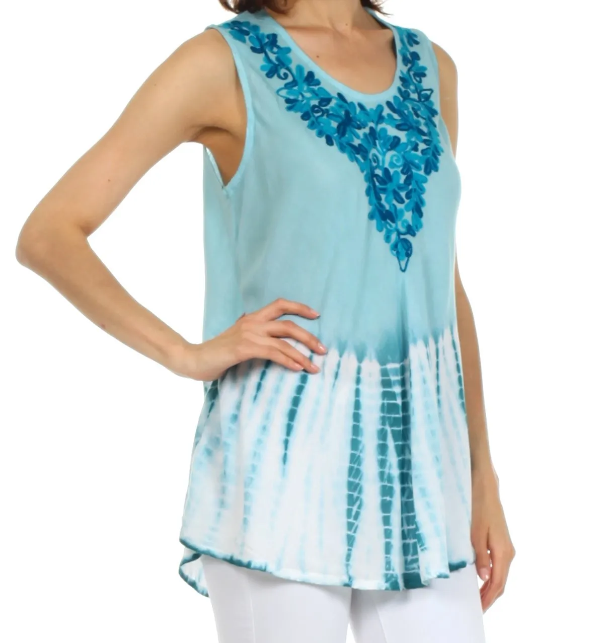 Sakkas Floral Yarn Embroidered Tie Dye Sleeveless Blouse