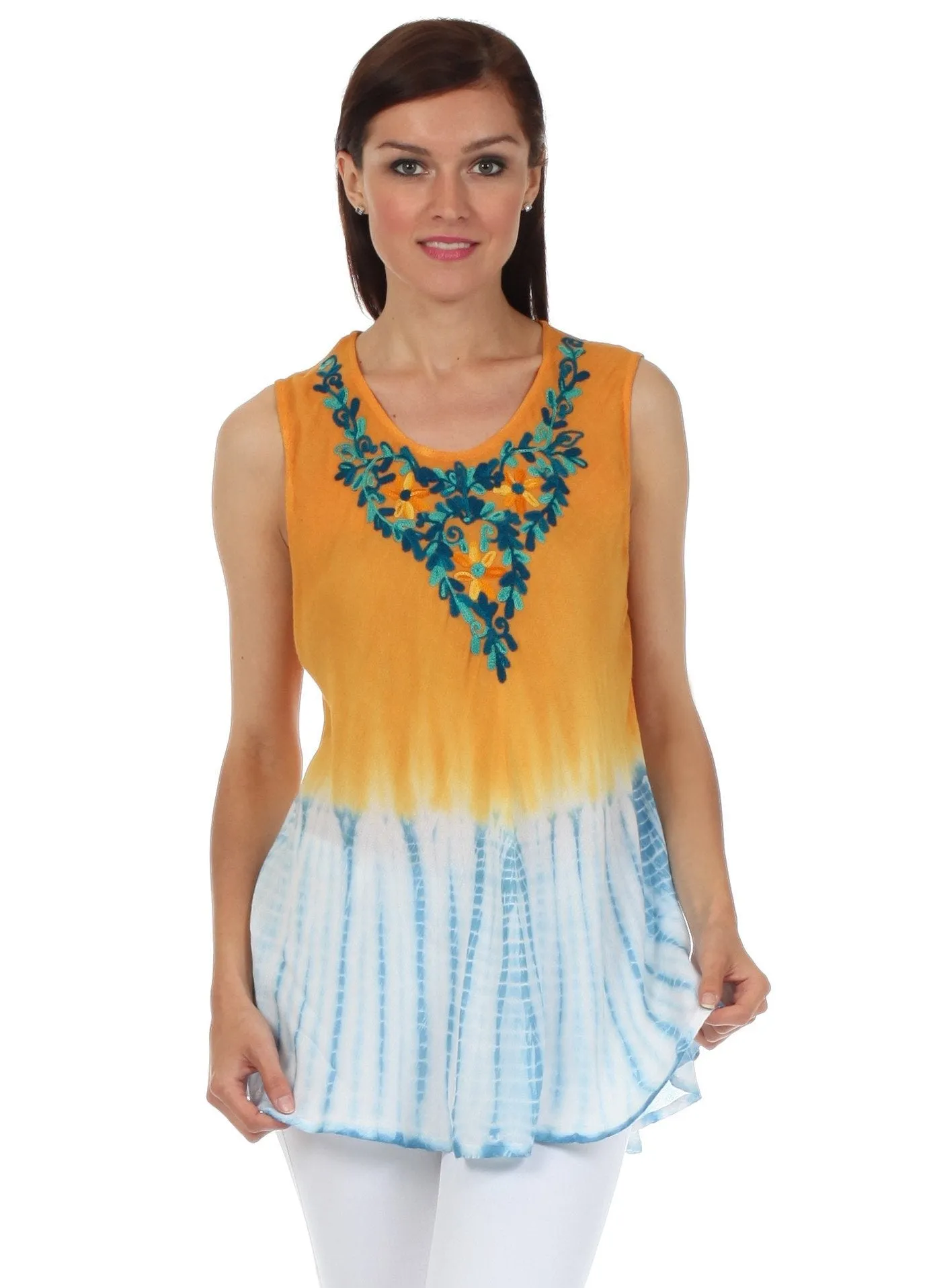 Sakkas Floral Yarn Embroidered Tie Dye Sleeveless Blouse