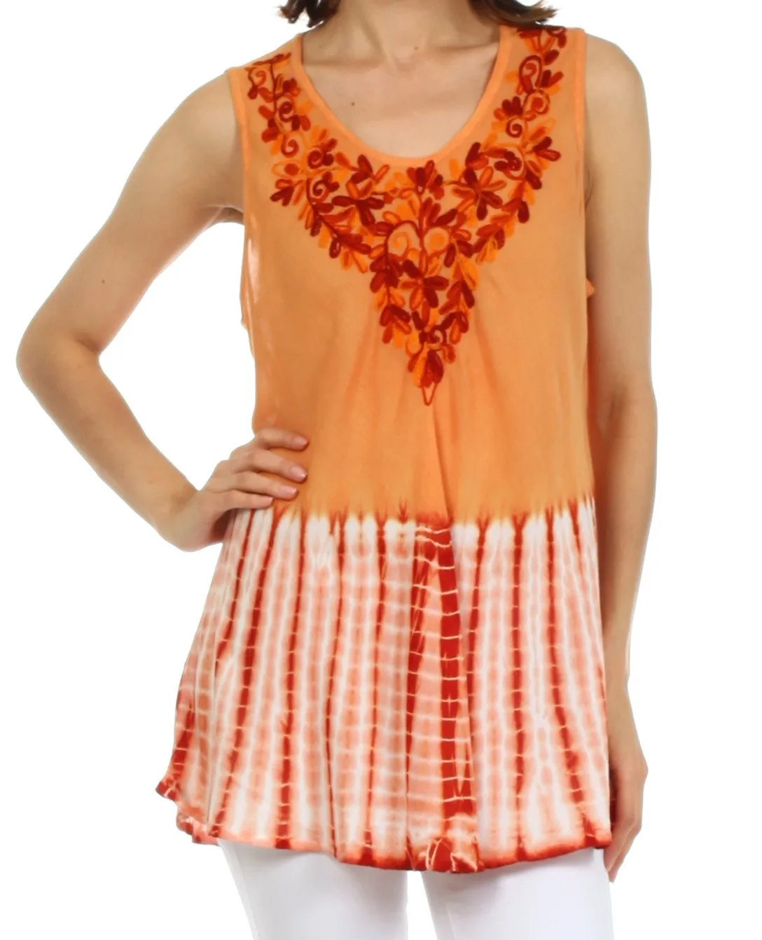 Sakkas Floral Yarn Embroidered Tie Dye Sleeveless Blouse