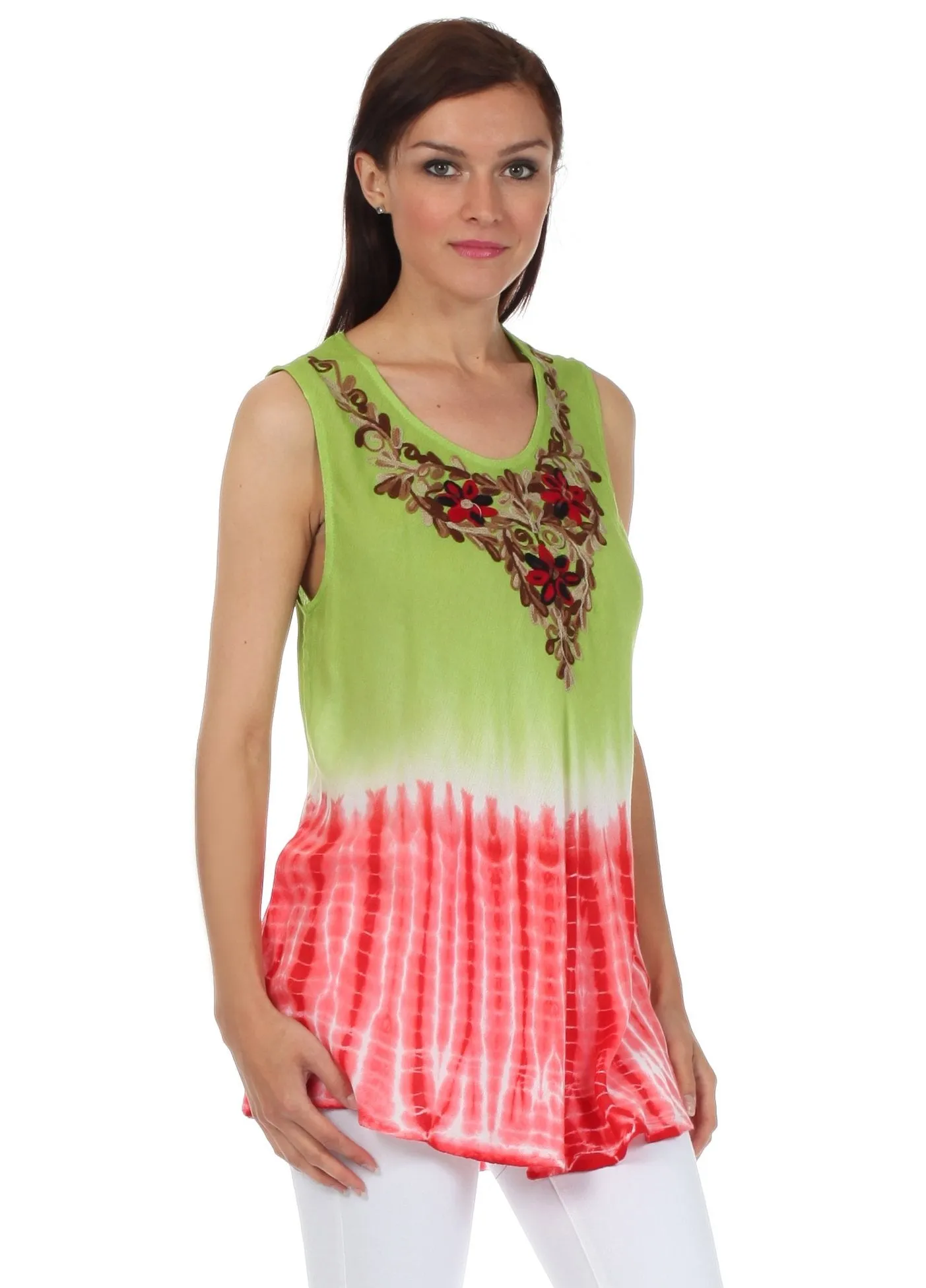 Sakkas Floral Yarn Embroidered Tie Dye Sleeveless Blouse