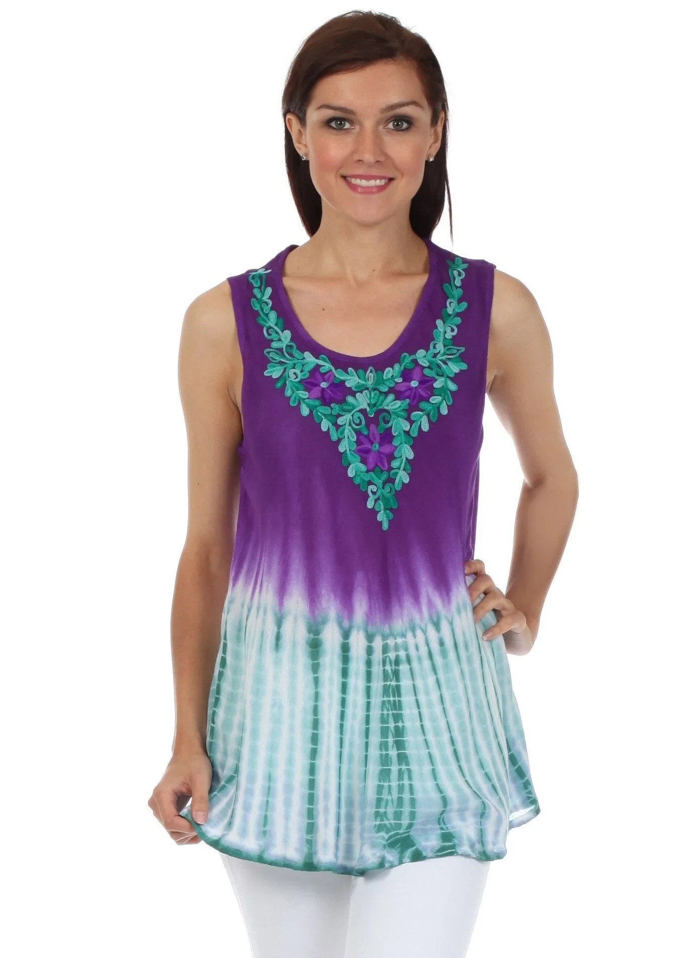 Sakkas Floral Yarn Embroidered Tie Dye Sleeveless Blouse