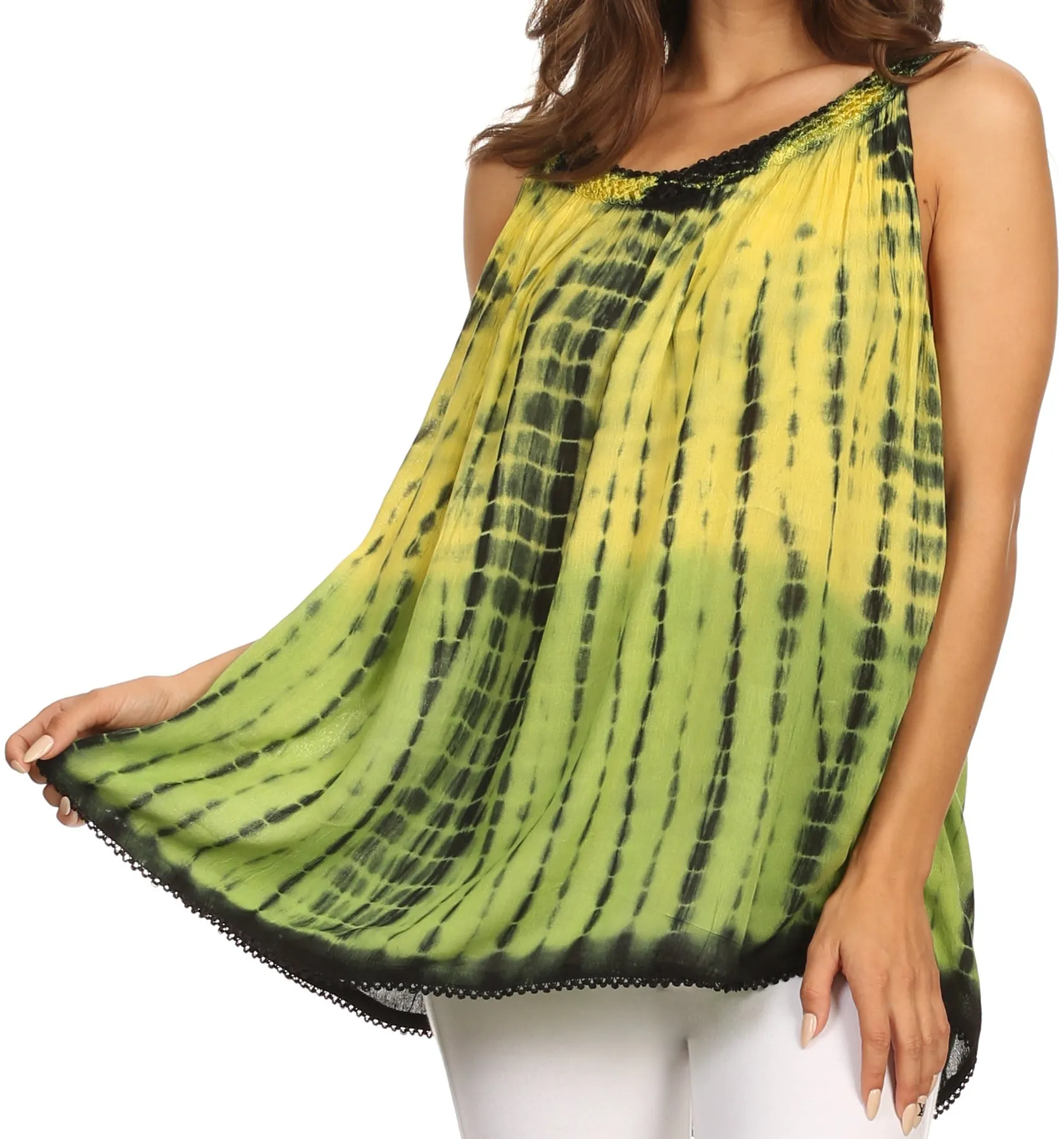 Sakkas Jamica Embroidered Trim Picot Multicolor Tie Dye Rayon Tank