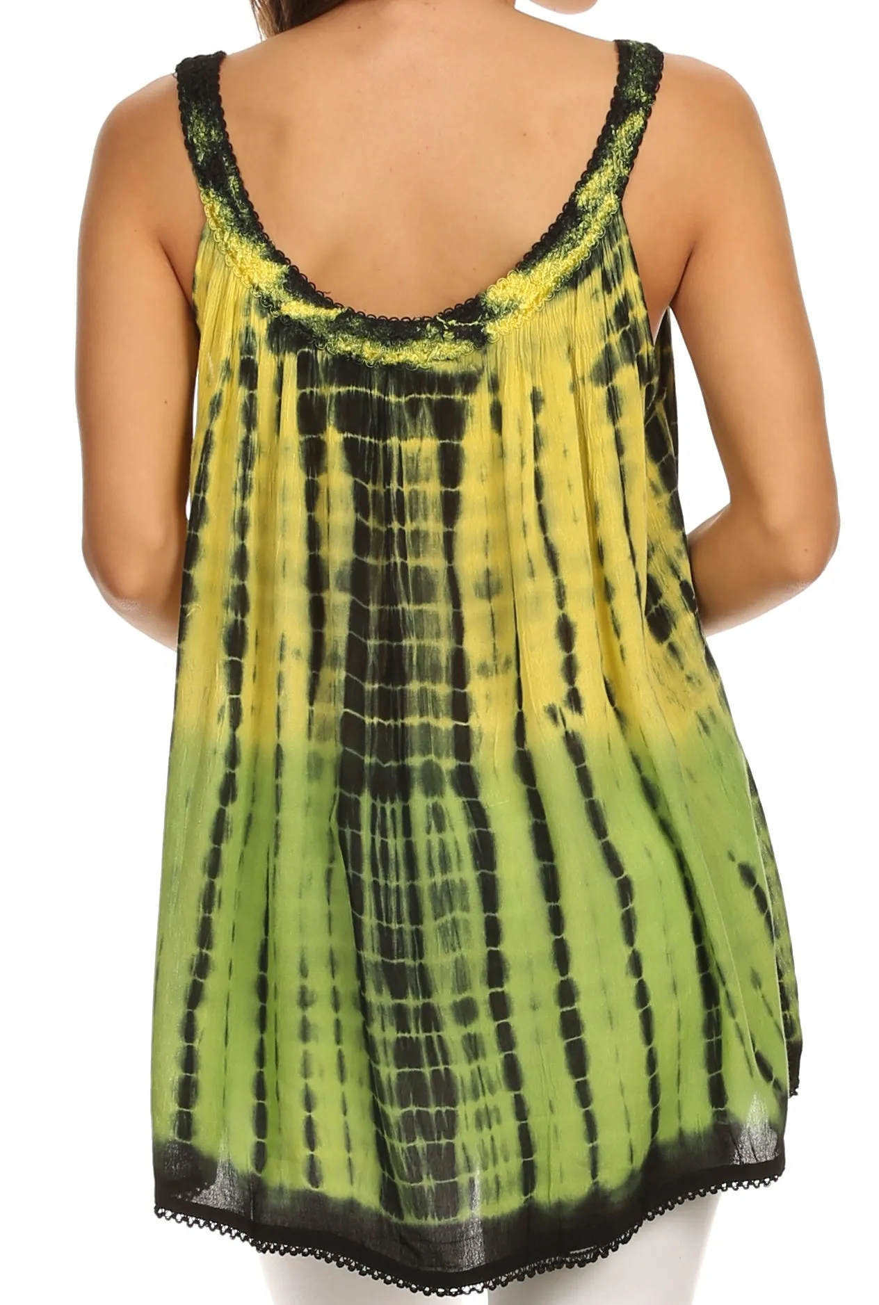 Sakkas Jamica Embroidered Trim Picot Multicolor Tie Dye Rayon Tank