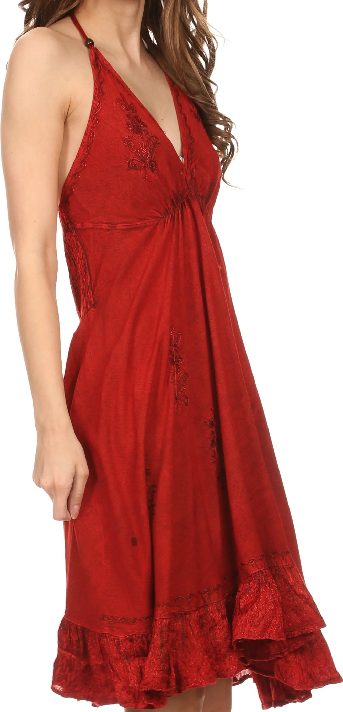 Sakkas Jia Stonewashed Embroidered Handkerchief Hem Halter Dress With Beads