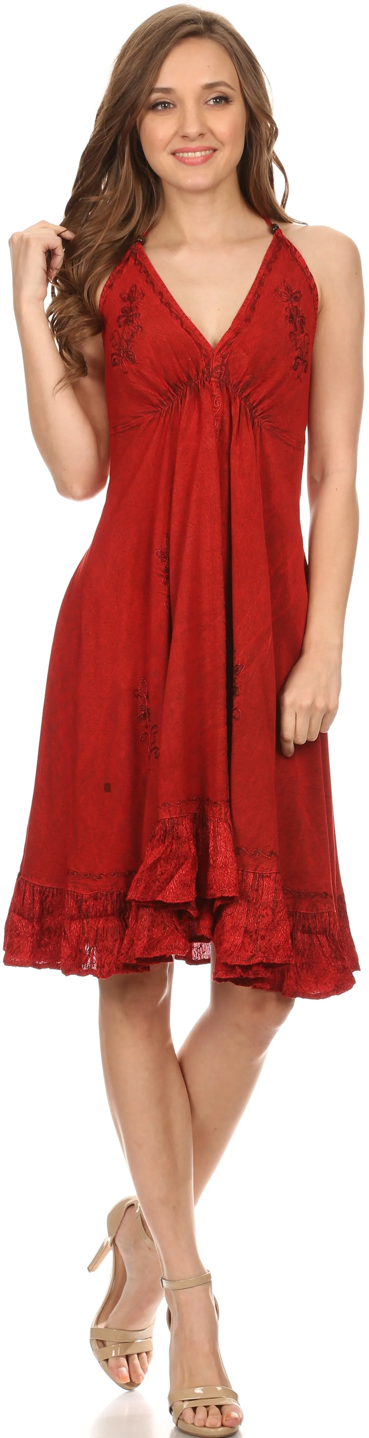 Sakkas Jia Stonewashed Embroidered Handkerchief Hem Halter Dress With Beads