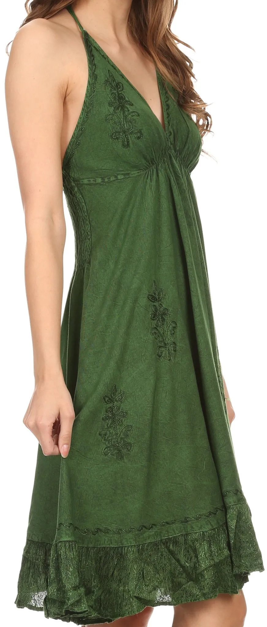 Sakkas Jia Stonewashed Embroidered Handkerchief Hem Halter Dress With Beads