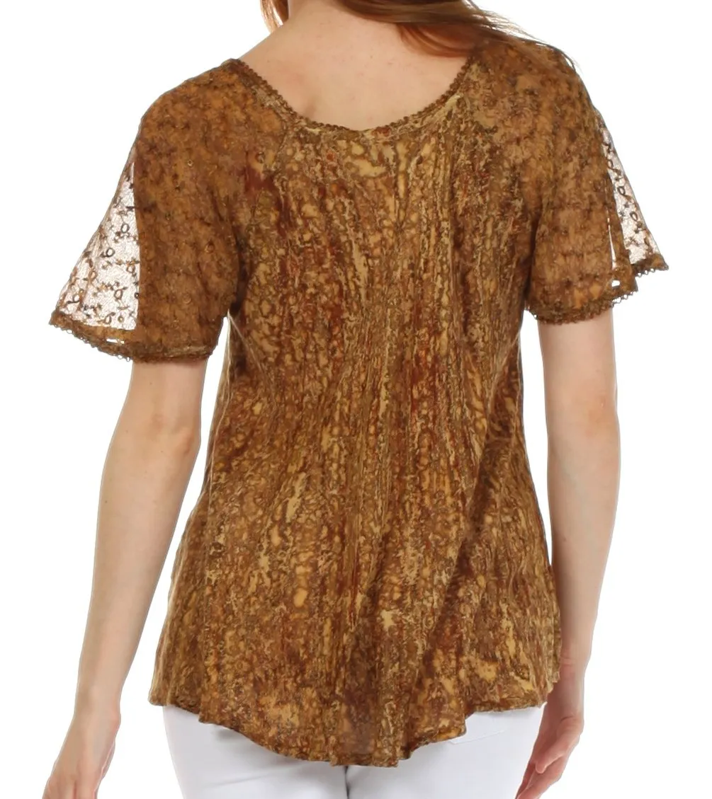 Sakkas Malvina Marbled Embroidery Cap Sleeves Blouse / Top