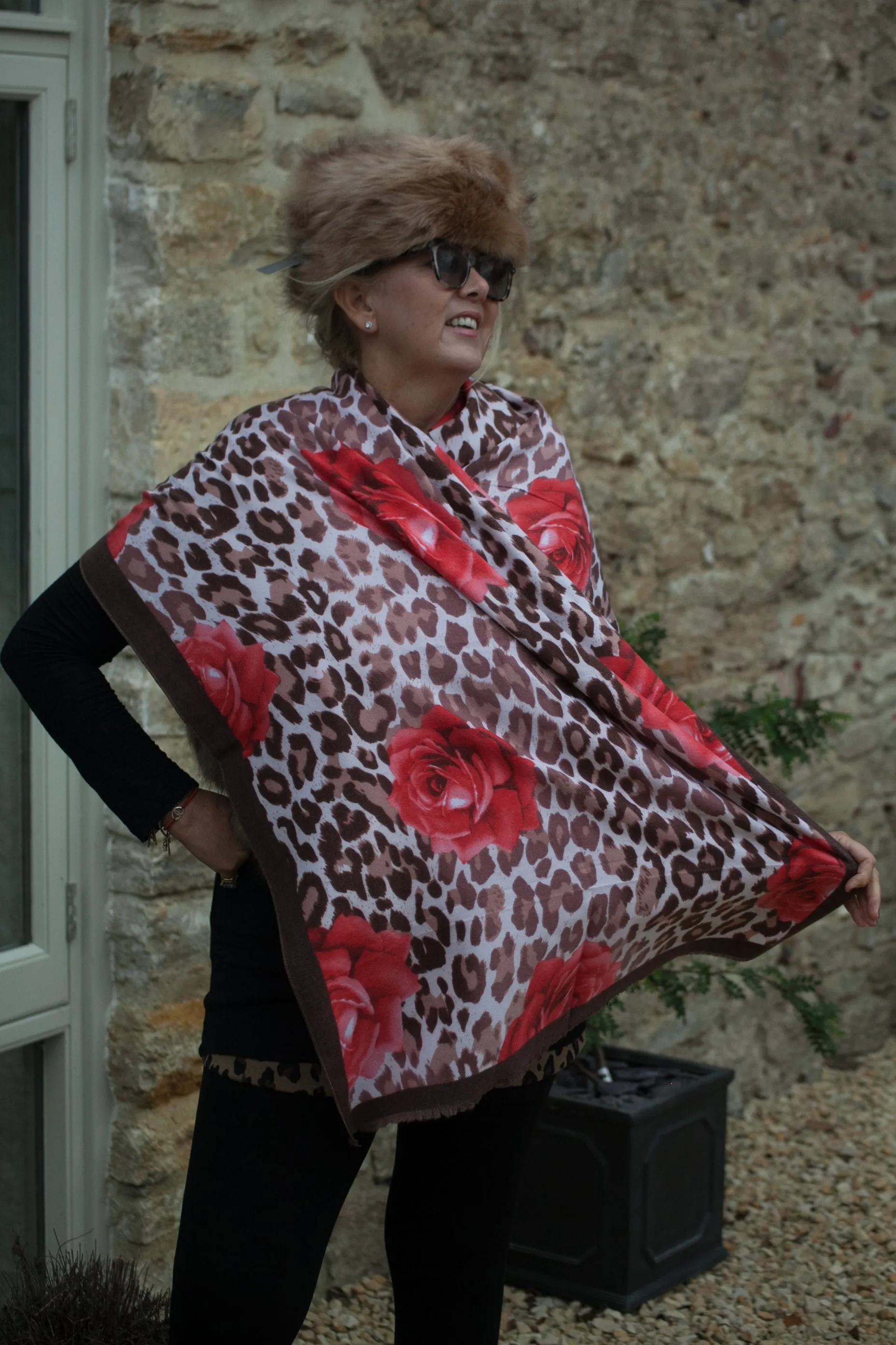 Sandra Leopard Print & Roses Scarf - SC5033