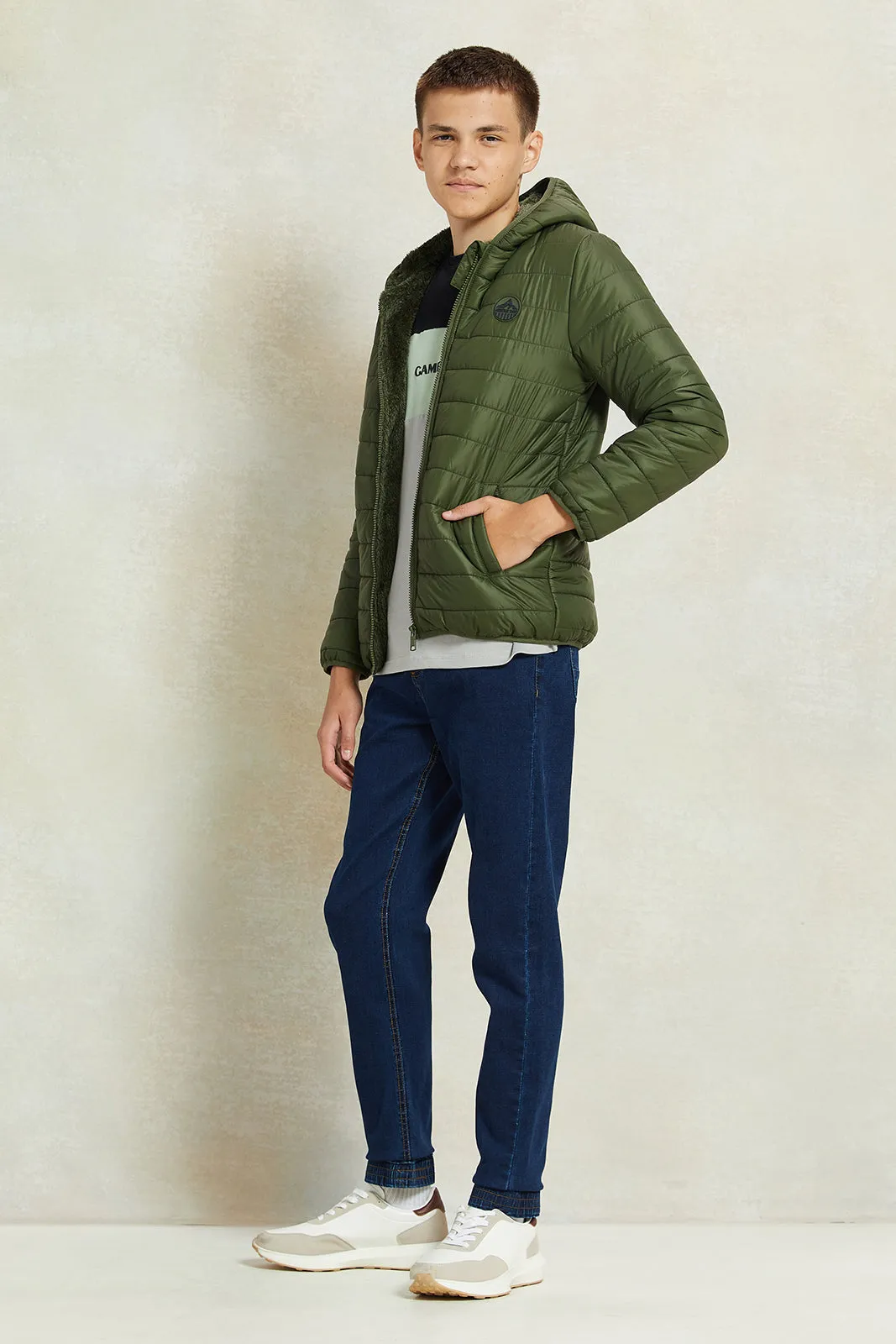 Senior Girls Olive Puffer Jacket With Sherpa Lining